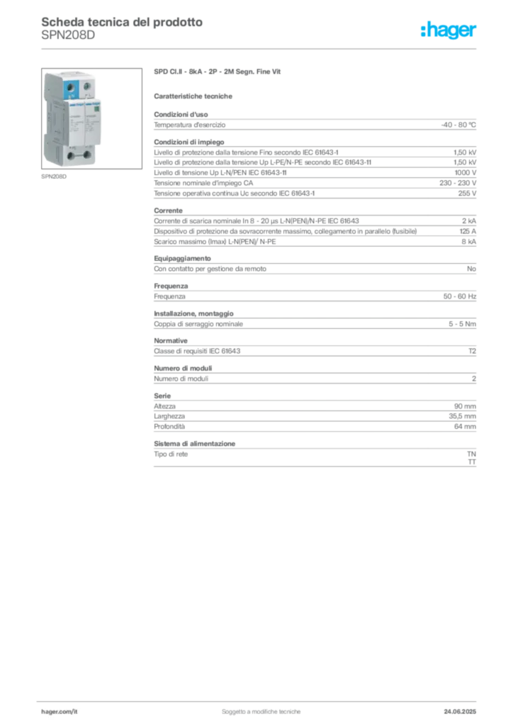 Immagine Hager Scheda tecnica del prodotto SPN208D | Hager Italia