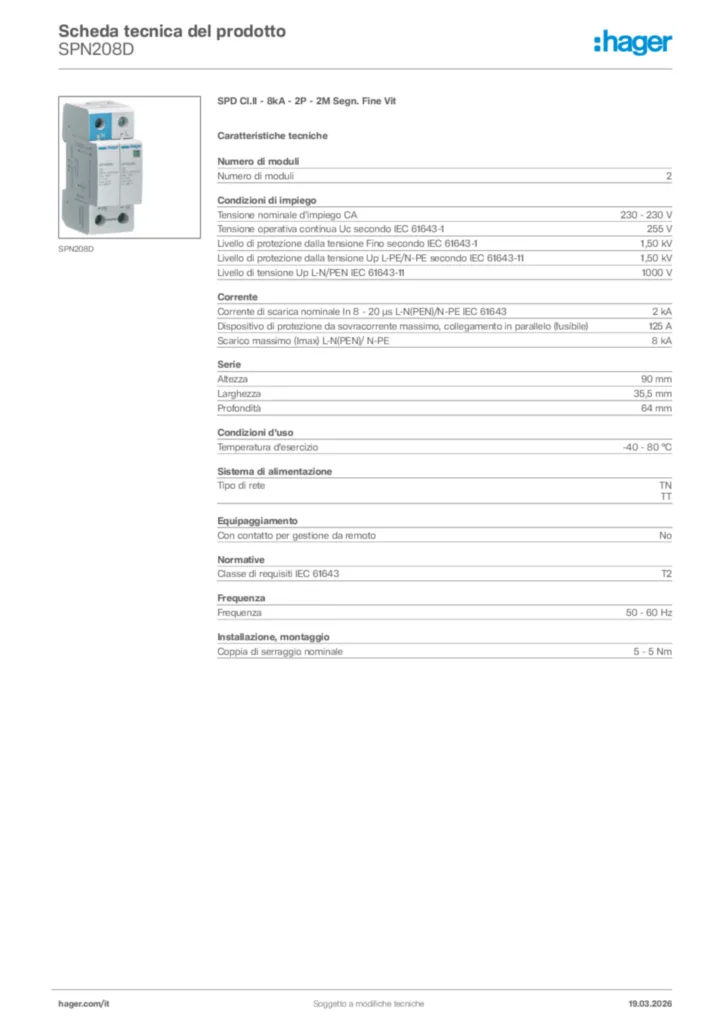Immagine Hager Scheda tecnica del prodotto SPN208D | Hager Italia