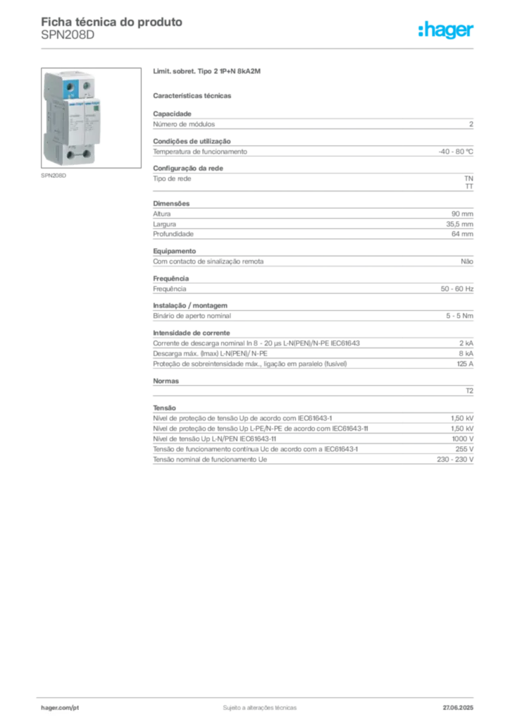 Imagem Hager Ficha técnica do produto SPN208D | Hager Portugal