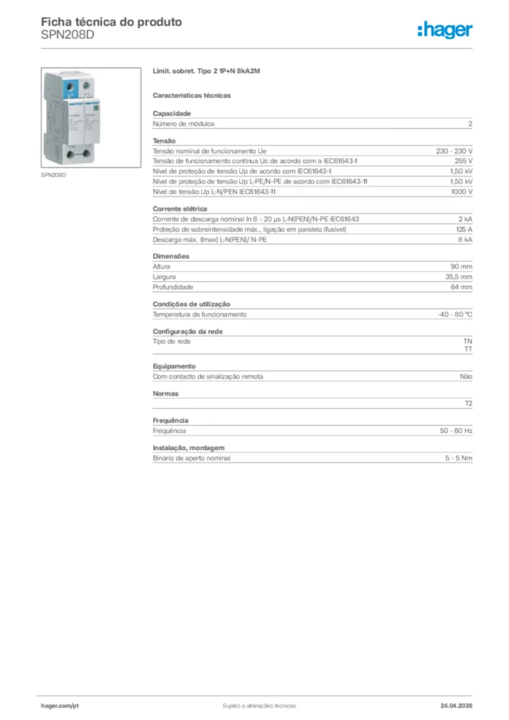 Imagem Hager Ficha técnica do produto SPN208D | Hager Portugal