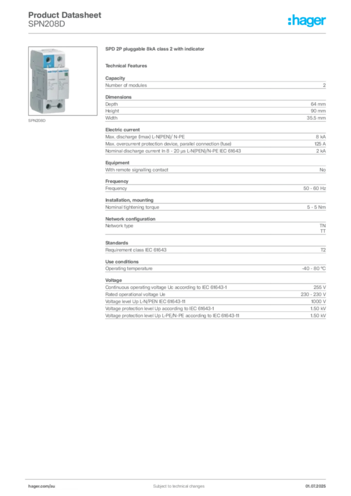 Image Hager Product data sheet SPN208D  | Hager Australia