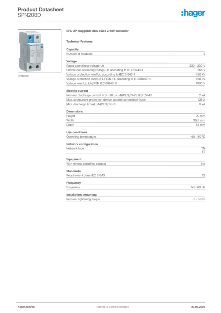 Image Hager Product data sheet SPN208D  | Hager Australia