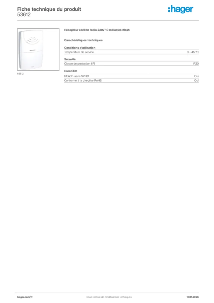 Image Hager Fiche technique du produit 53612 | Hager France