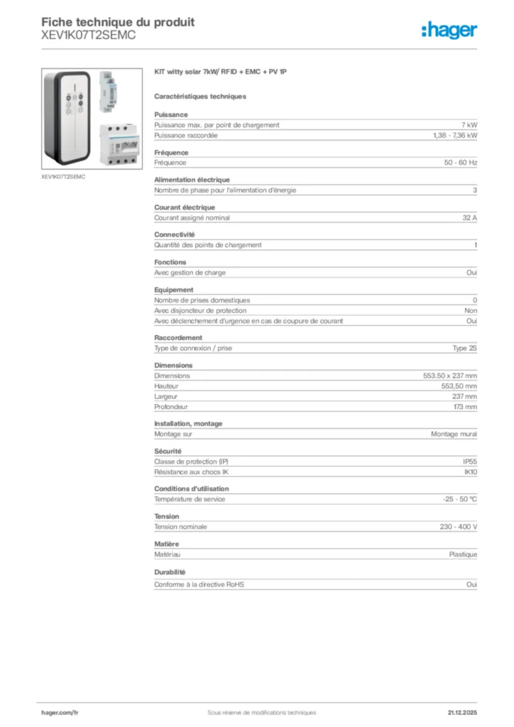 Image Hager Fiche technique du produit XEV1K07T2SEMC | Hager France