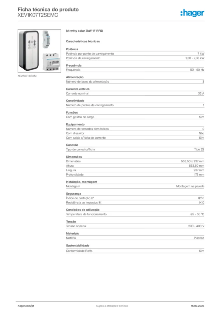 Imagem Hager Ficha técnica do produto XEV1K07T2SEMC | Hager Portugal