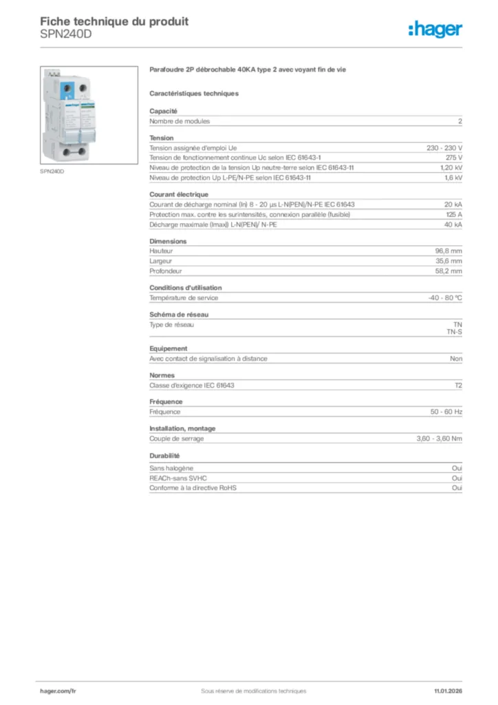 Image Hager Fiche technique du produit SPN240D | Hager France
