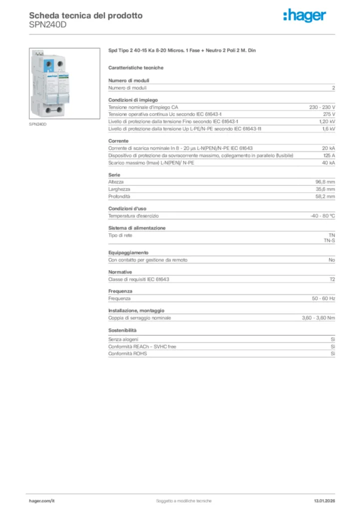 Immagine Hager Scheda tecnica del prodotto SPN240D | Hager Italia