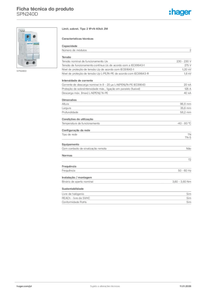 Imagem Hager Ficha técnica do produto SPN240D | Hager Portugal