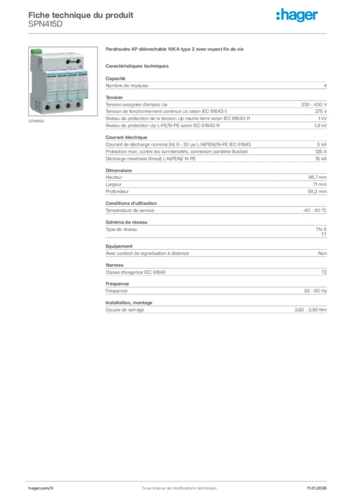 Image Hager Fiche technique du produit SPN415D | Hager France