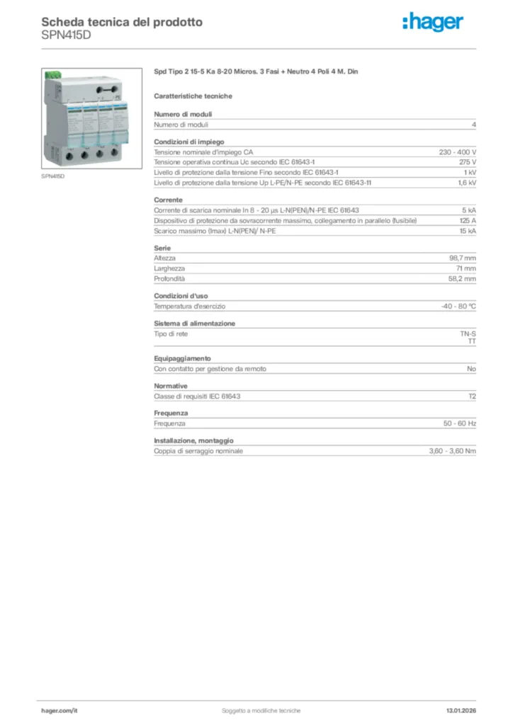 Immagine Hager Scheda tecnica del prodotto SPN415D | Hager Italia