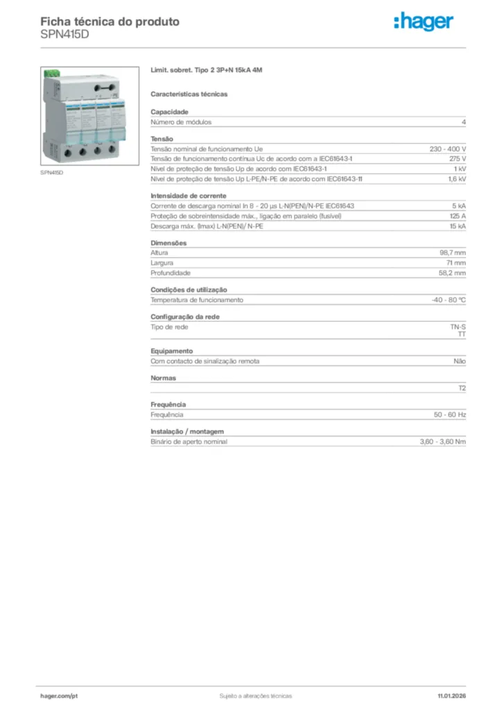 Imagem Hager Ficha técnica do produto SPN415D | Hager Portugal