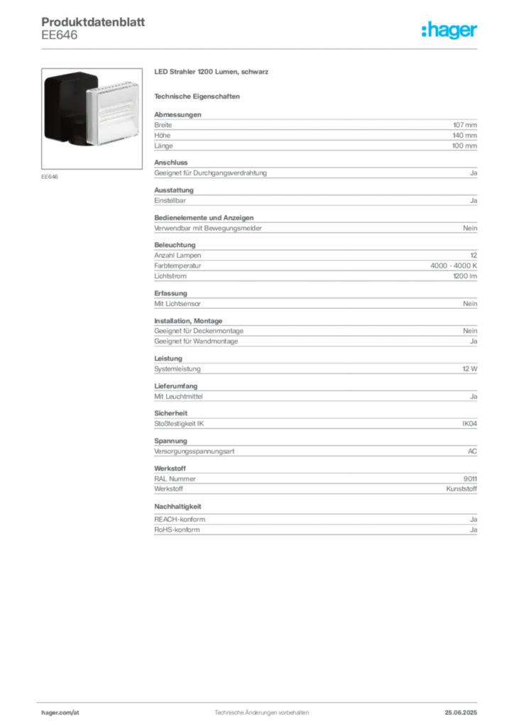 Bild Hager Produktdatenblatt EE646 | Hager Deutschland