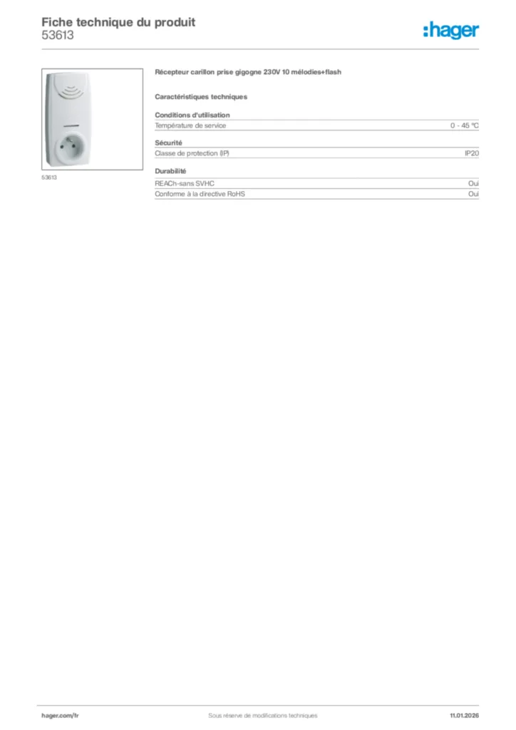 Image Hager Fiche technique du produit 53613 | Hager France