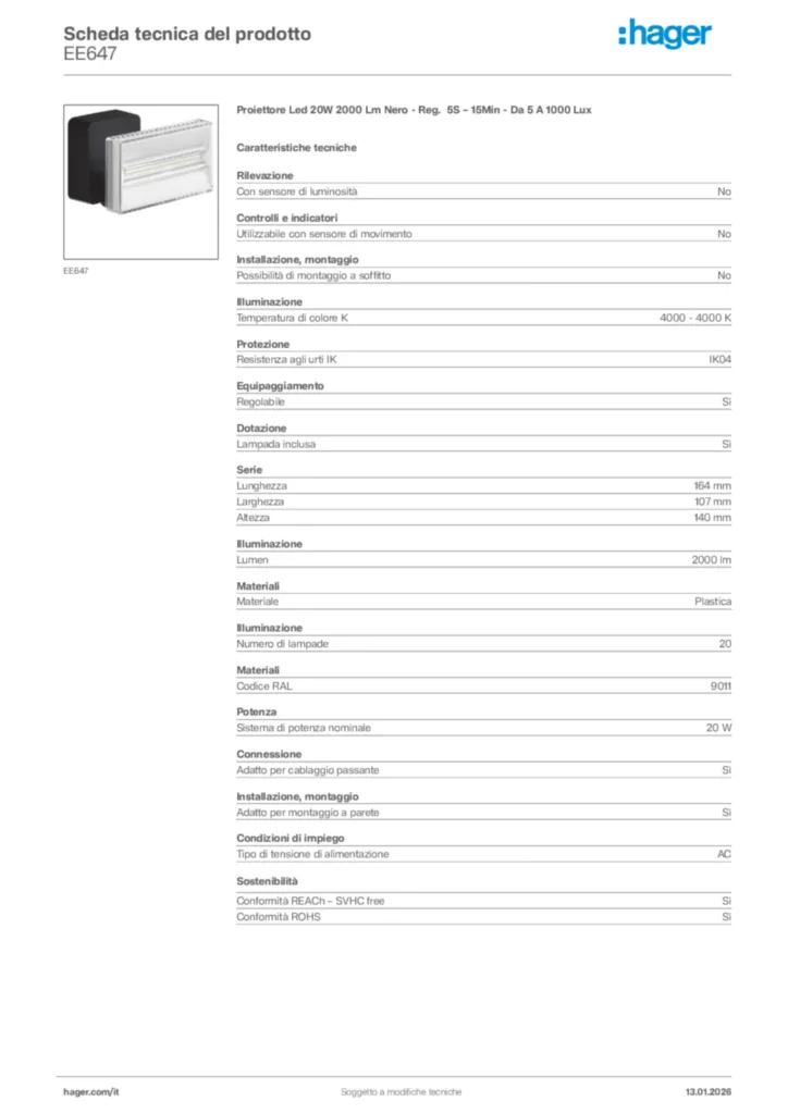 Immagine Hager Scheda tecnica del prodotto EE647 | Hager Italia