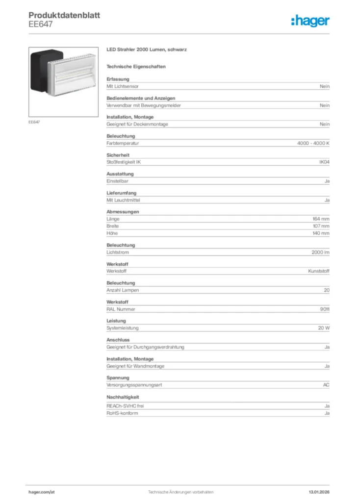 Bild Hager Produktdatenblatt EE647 | Hager Deutschland