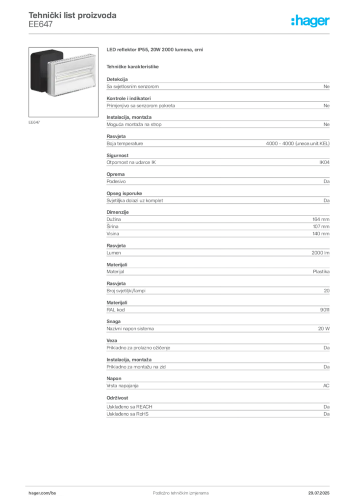Slika Hager Product data sheet EE647  | Hager