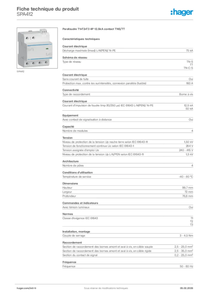 Image Hager Fiche technique du produit SPA412 | Hager Afrique