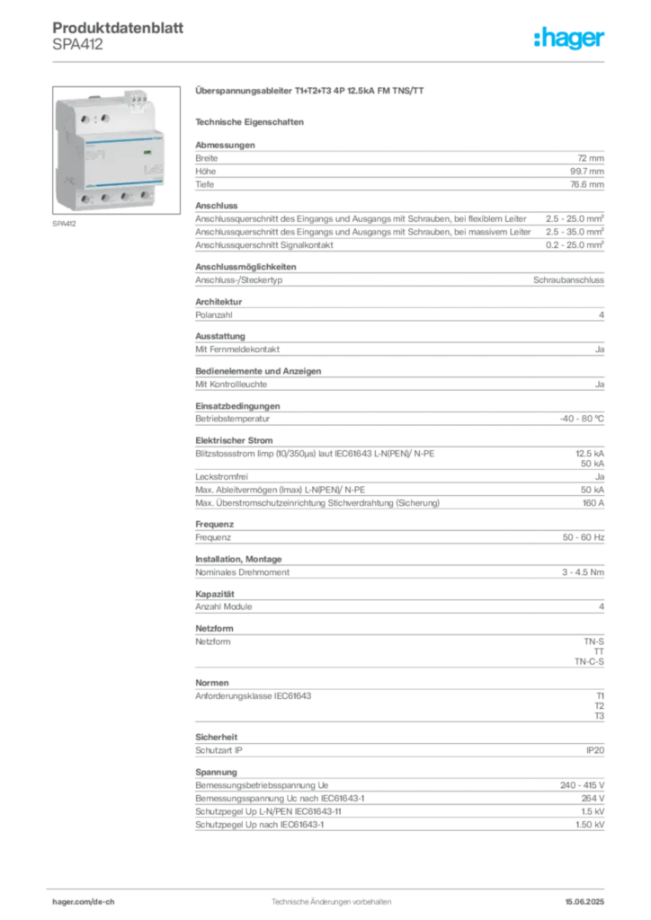 Bild Hager Produktdatenblatt SPA412 | Hager Schweiz