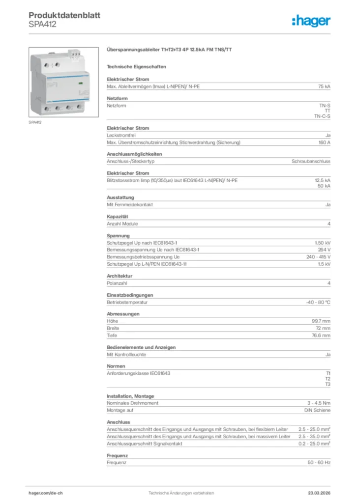 Bild Hager Produktdatenblatt SPA412 | Hager Schweiz