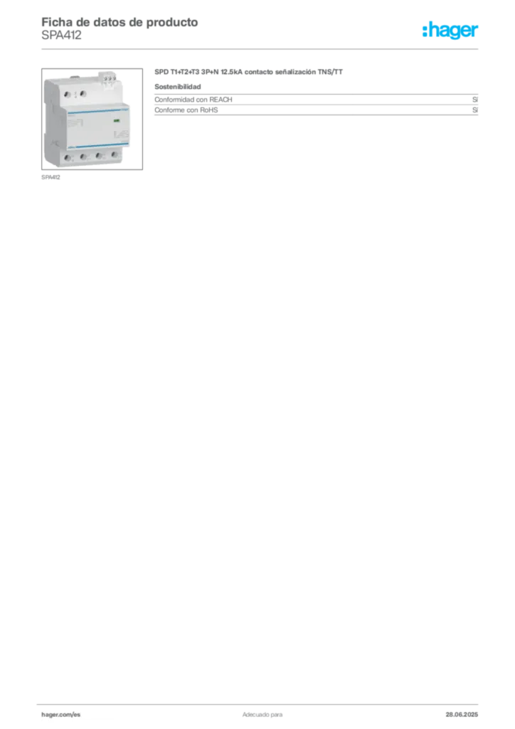 Imagen Hager Ficha de datos de producto SPA412 | Hager España