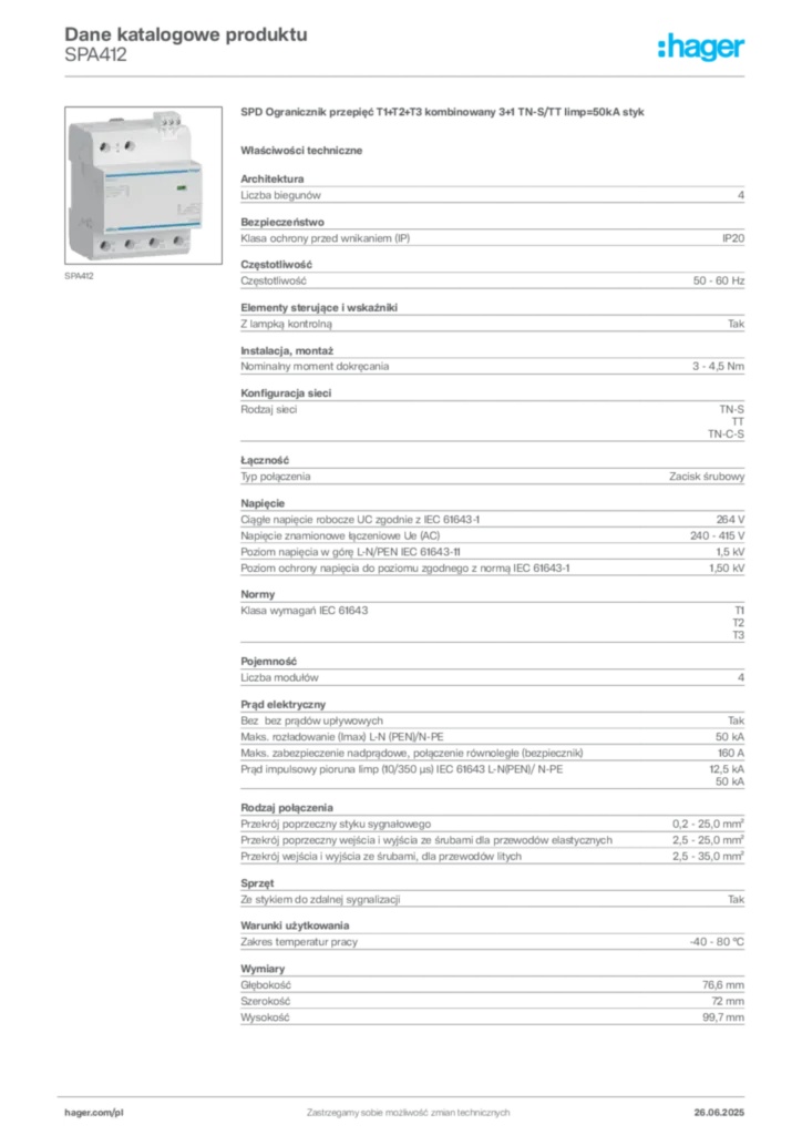 Zdjęcie Hager Dane katalogowe produktu SPA412 | Hager Polska