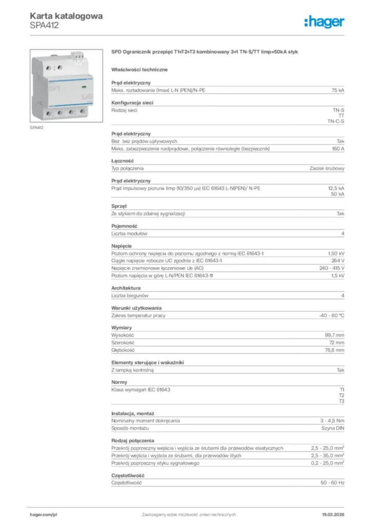 Zdjęcie Hager Karta katalogowa SPA412 | Hager Polska