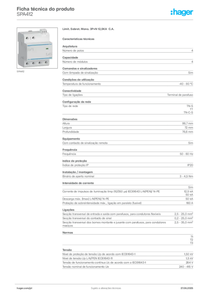 Imagem Hager Ficha técnica do produto SPA412 | Hager Portugal