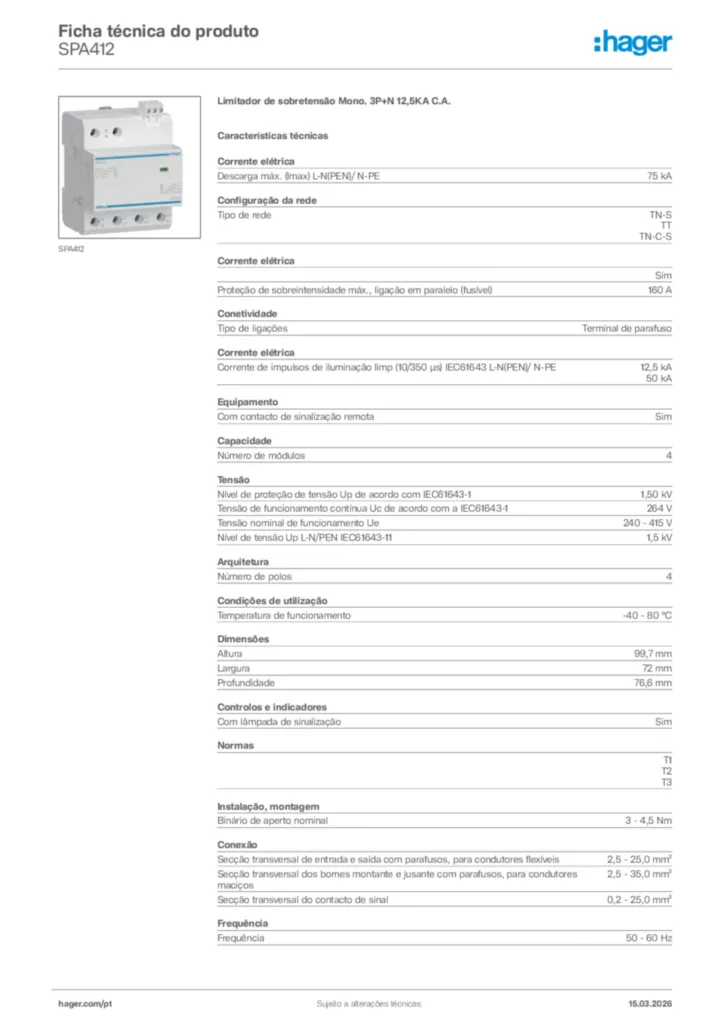 Imagem Hager Ficha técnica do produto SPA412 | Hager Portugal