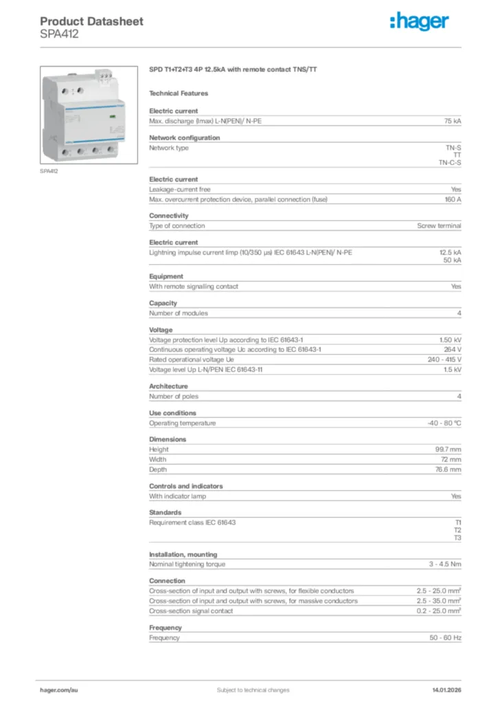 Image Hager Product data sheet SPA412  | Hager Australia