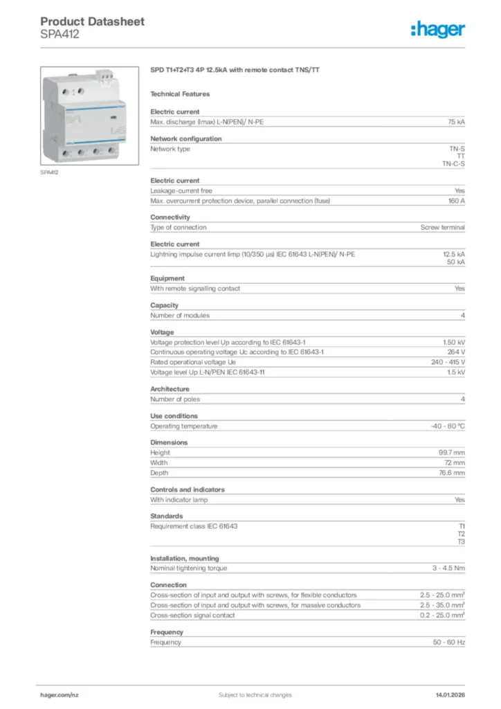 Image Hager Product data sheet SPA412  | Hager New Zealand