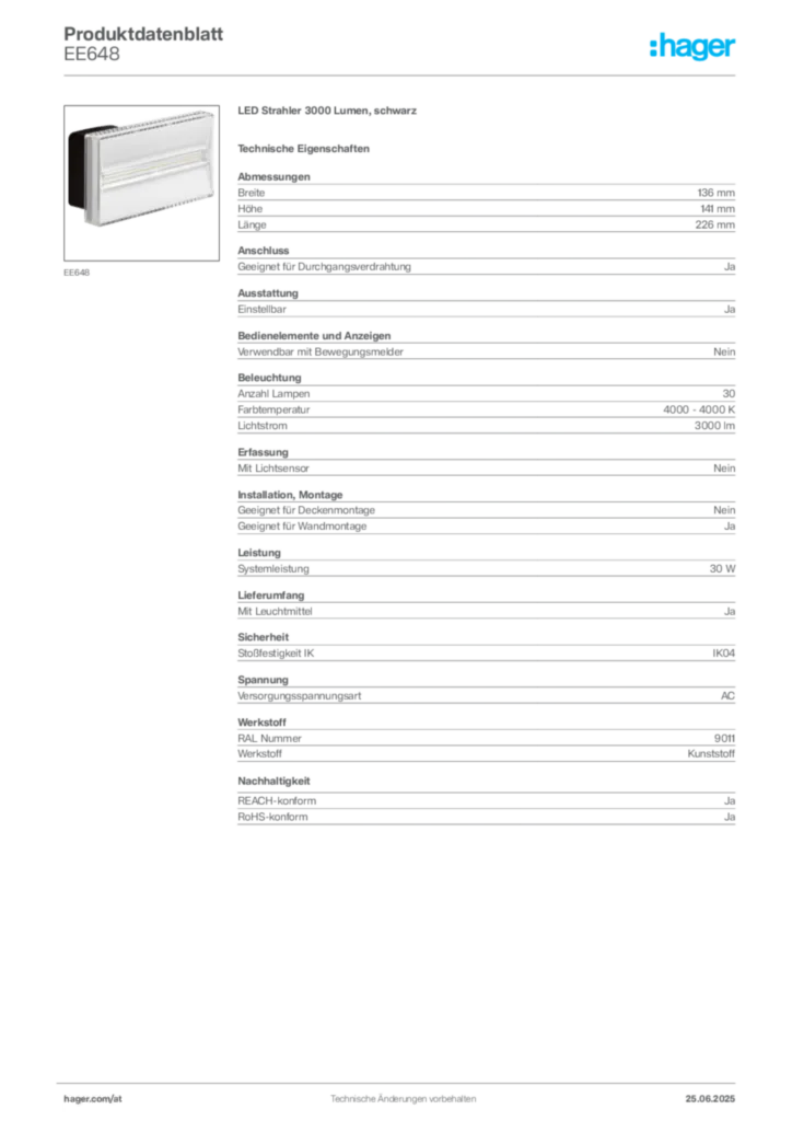 Bild Hager Produktdatenblatt EE648 | Hager Deutschland
