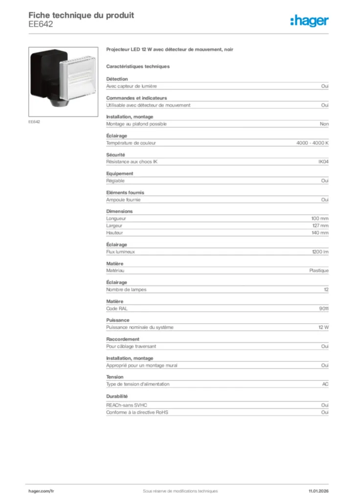 Image Hager Fiche technique du produit EE642 | Hager France