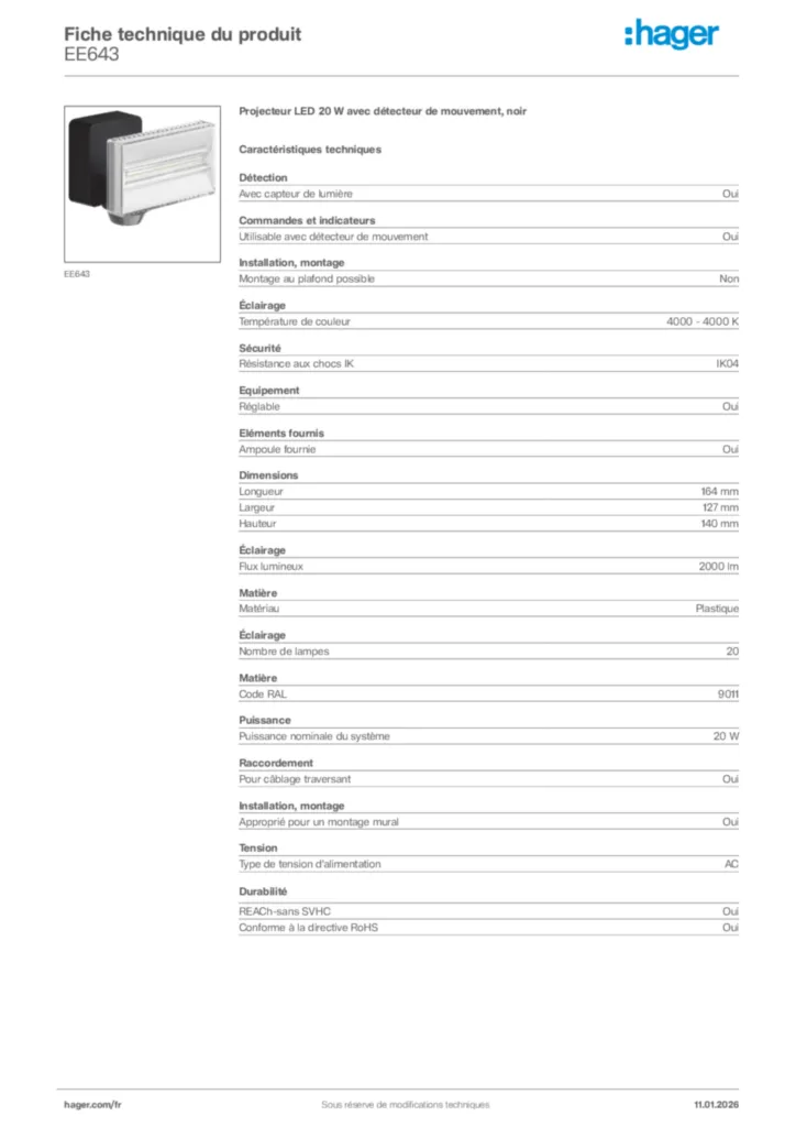 Image Hager Fiche technique du produit EE643 | Hager France