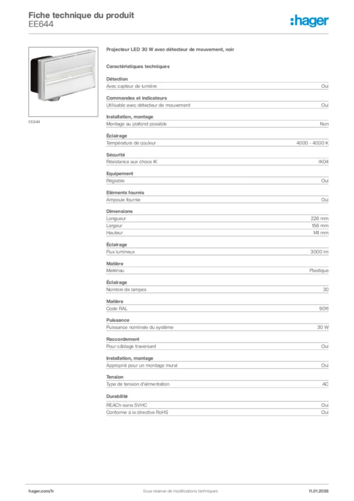 Image Hager Fiche technique du produit EE644 | Hager France