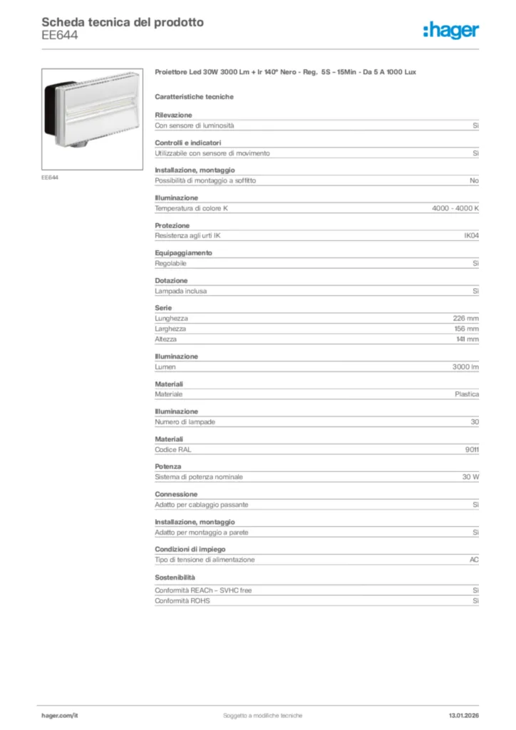 Immagine Hager Scheda tecnica del prodotto EE644 | Hager Italia