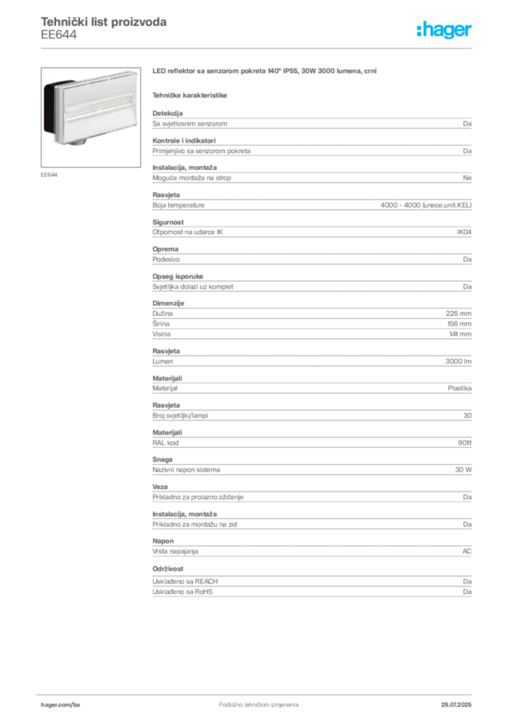 Slika Hager Product data sheet EE644  | Hager