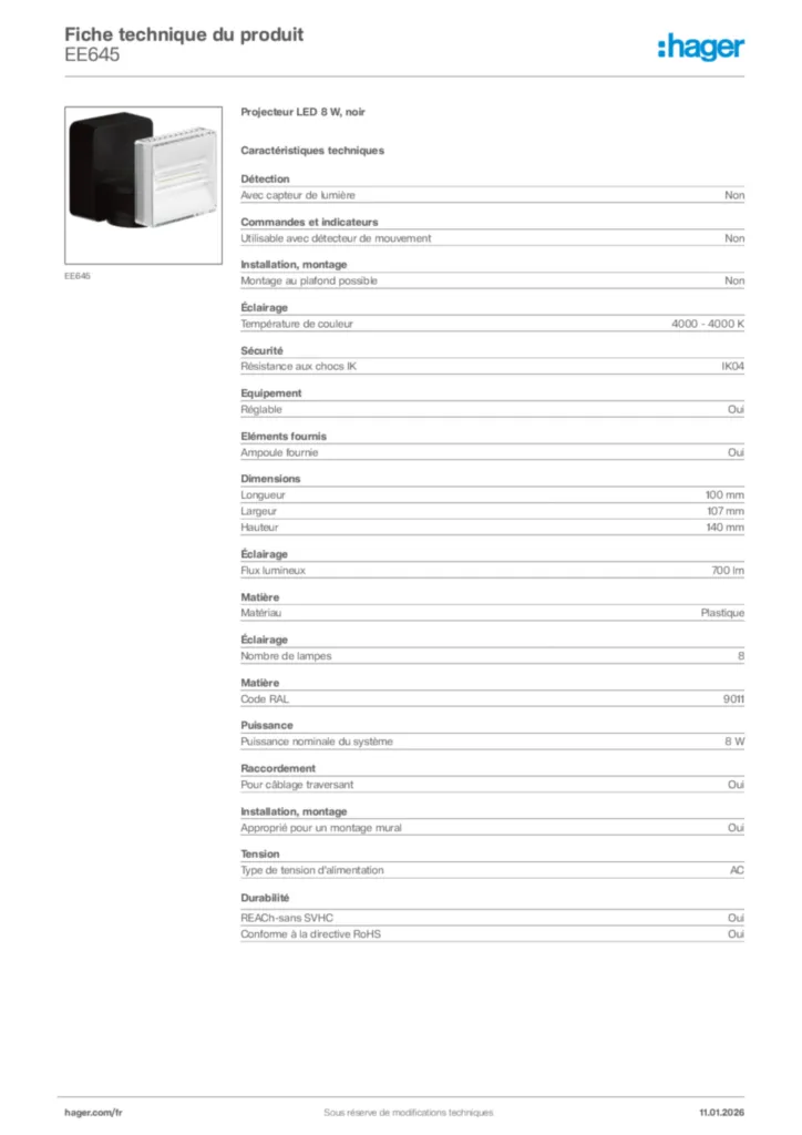 Image Hager Fiche technique du produit EE645 | Hager France