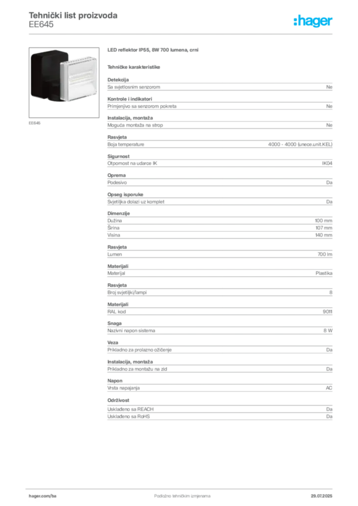 Slika Hager Product data sheet EE645  | Hager