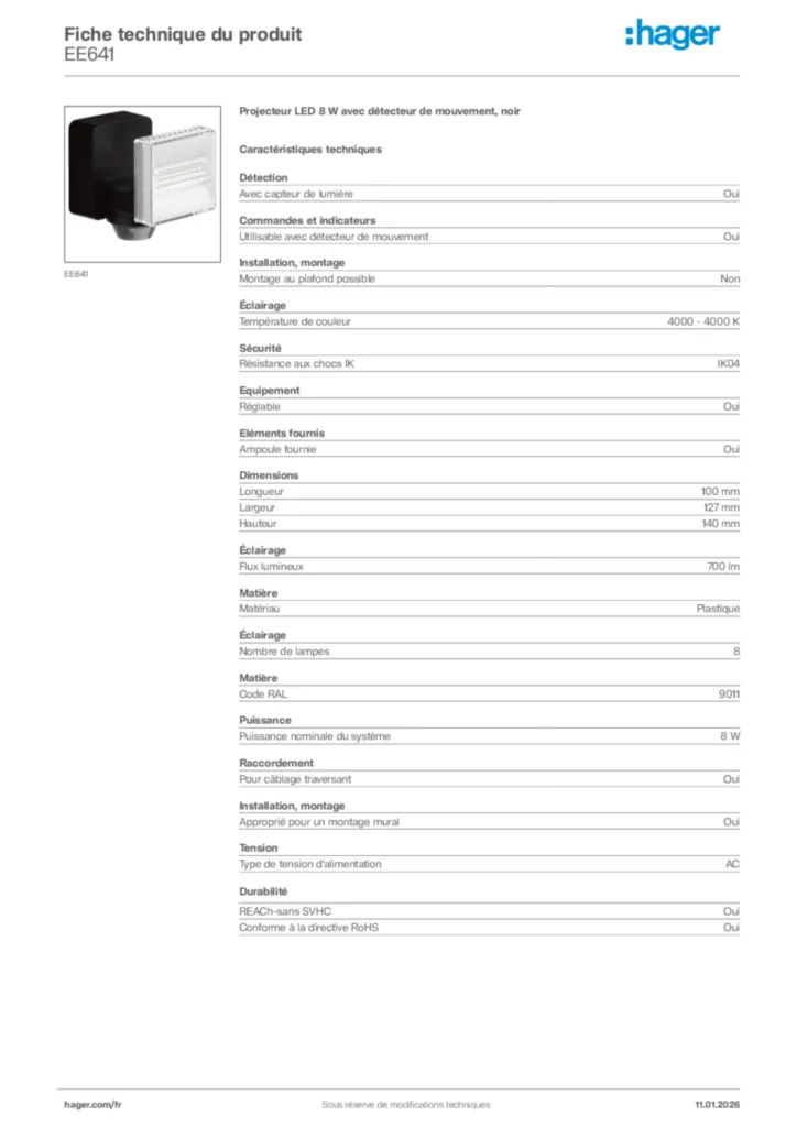 Image Hager Fiche technique du produit EE641 | Hager France