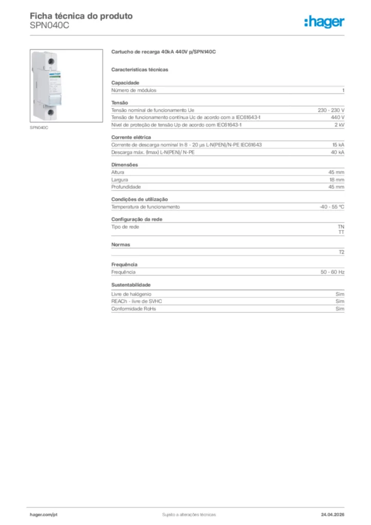 Imagem Hager Ficha técnica do produto SPN040C | Hager Portugal