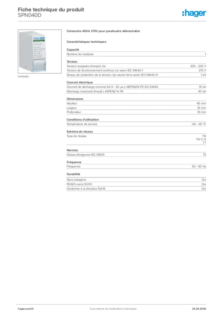 Image Hager Fiche technique du produit SPN040D | Hager France
