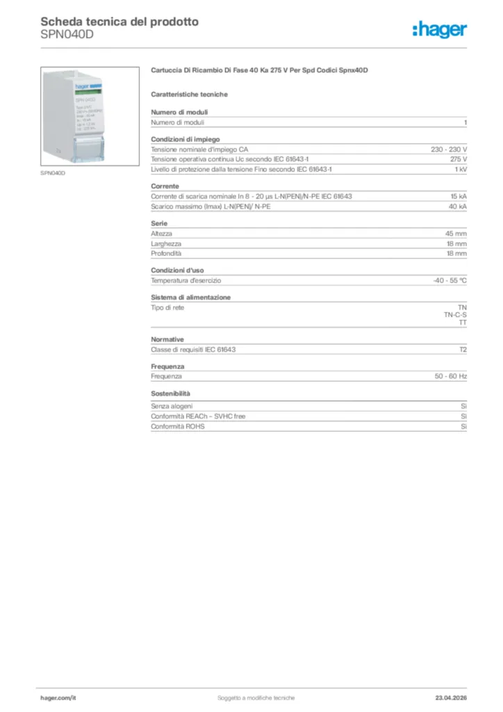 Immagine Hager Scheda tecnica del prodotto SPN040D | Hager Italia