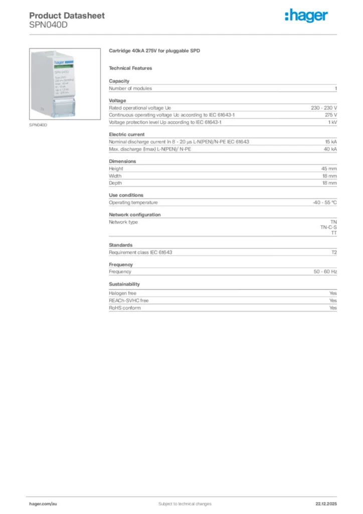 Image Hager Product data sheet SPN040D  | Hager Australia