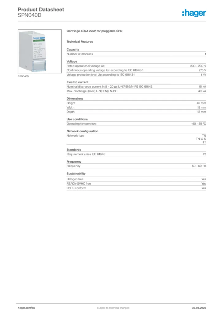 Image Hager Product data sheet SPN040D  | Hager Australia