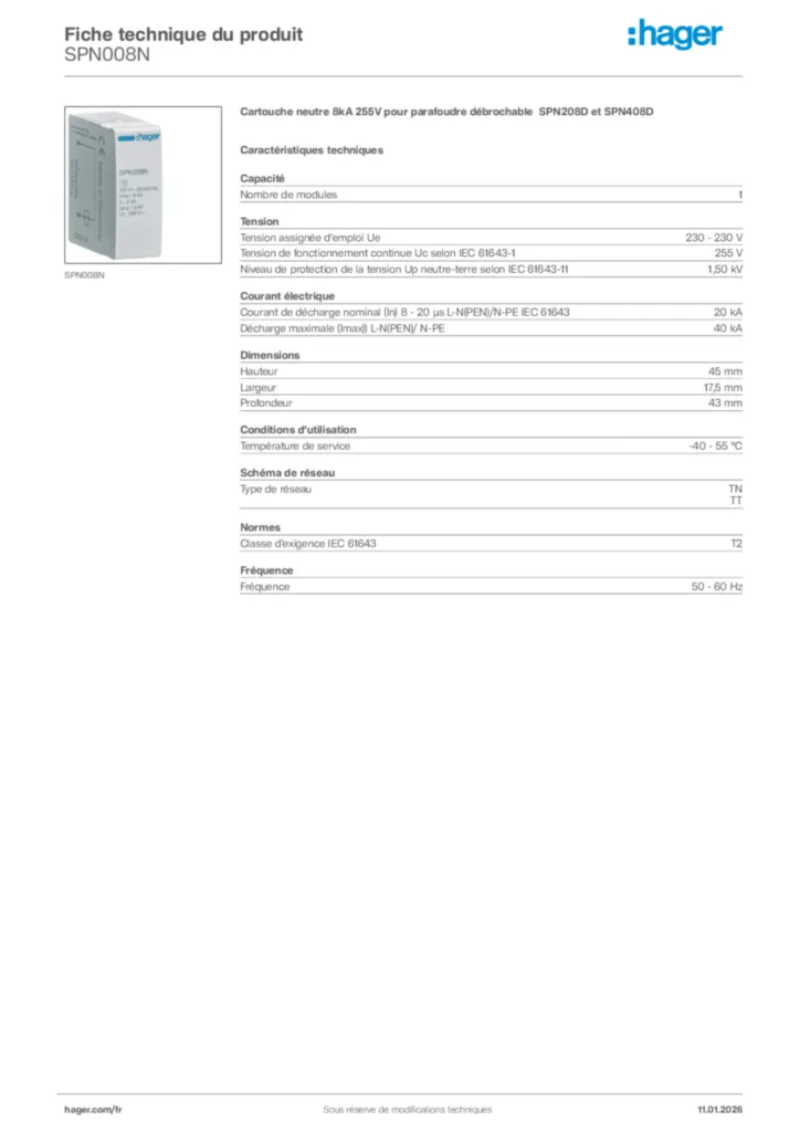 Image Hager Fiche technique du produit SPN008N | Hager France