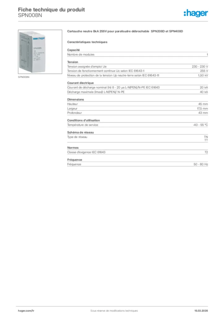 Image Hager Fiche technique du produit SPN008N | Hager France