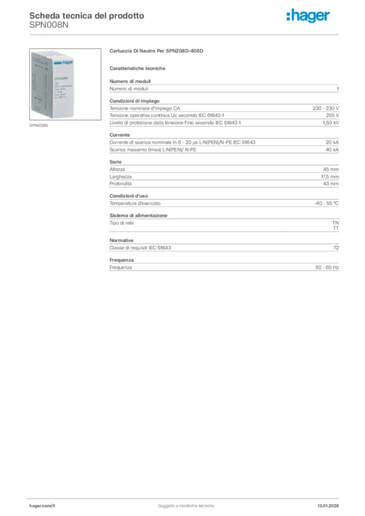 Immagine Hager Scheda tecnica del prodotto SPN008N | Hager Italia