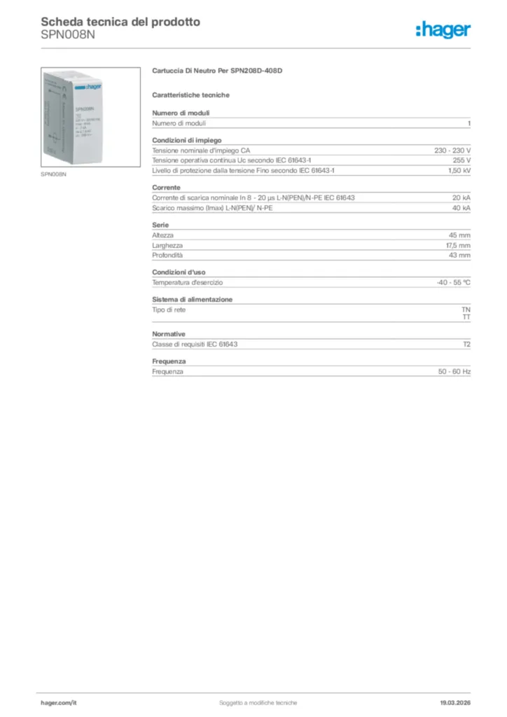 Immagine Hager Scheda tecnica del prodotto SPN008N | Hager Italia