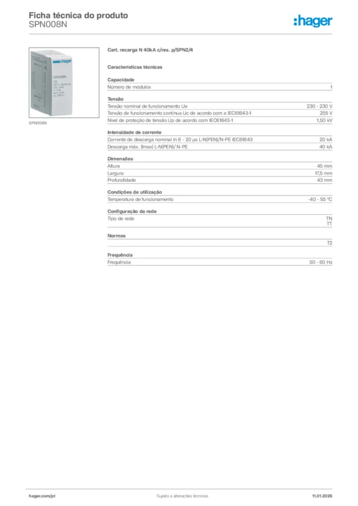 Imagem Hager Ficha técnica do produto SPN008N | Hager Portugal