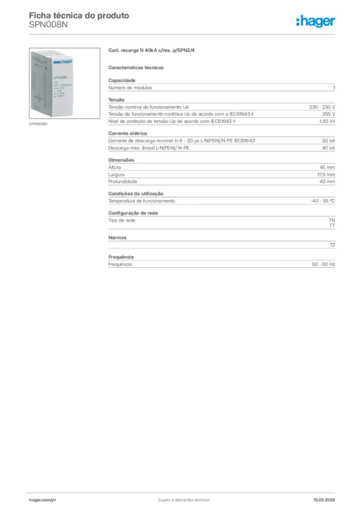Imagem Hager Ficha técnica do produto SPN008N | Hager Portugal